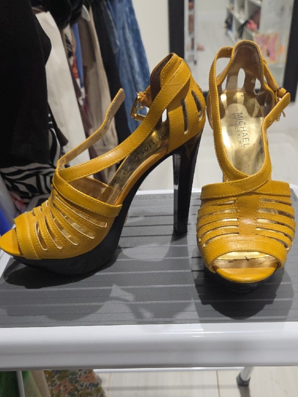 Michael Kors Yellow Strappy Peep-Toe Heels - Picture 2 of 6